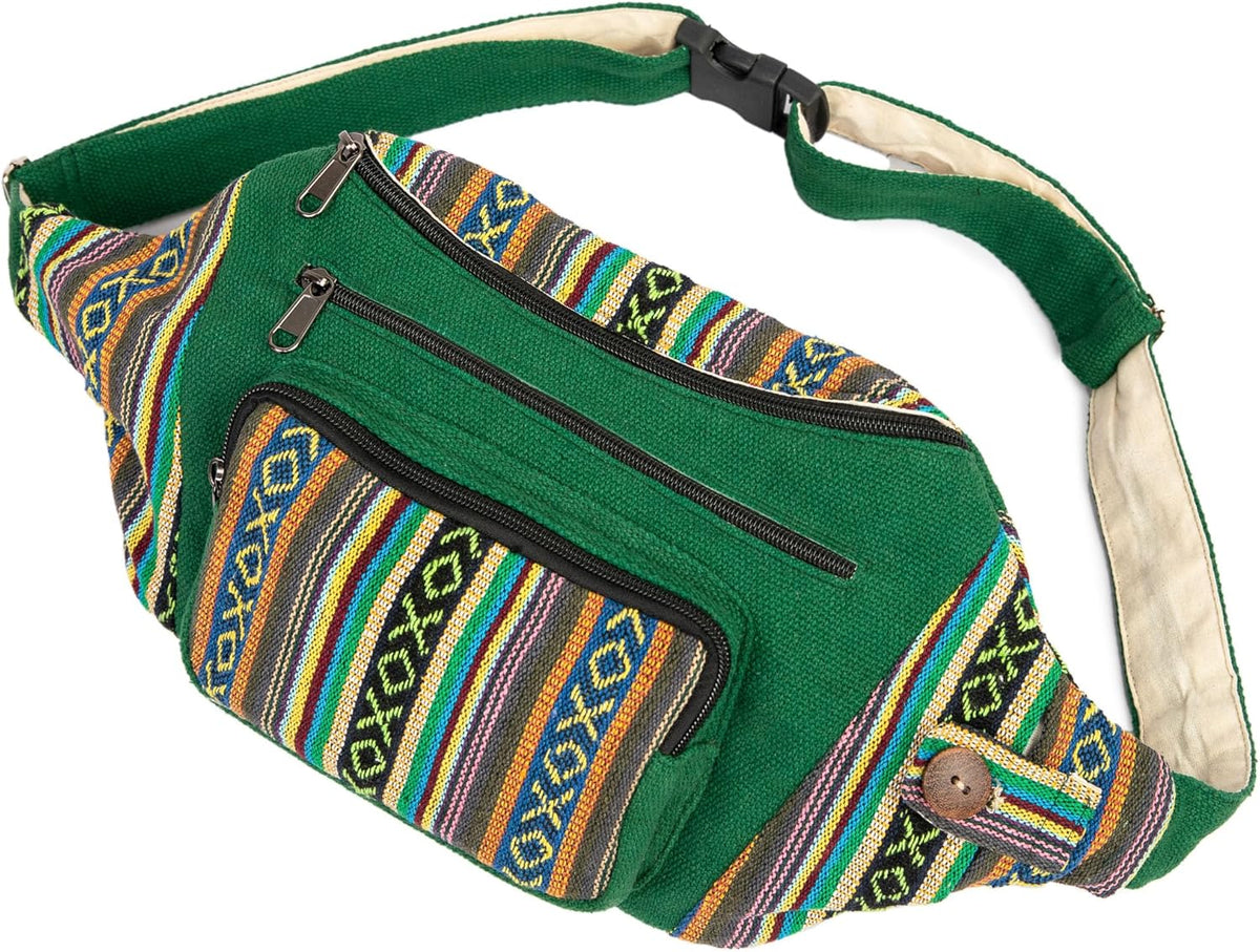Freakmandu Hemp Fanny Pack – White Boho Waist Bag for Travel & Hiking