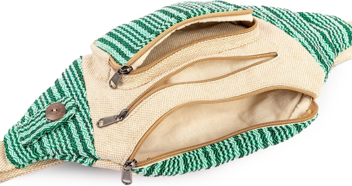Freakmandu White Hemp Fanny Pack – Boho Hip Bag for Travel & Hiking